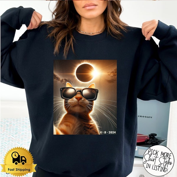 Cat Taking A Selfie Solar 2024 Eclipse Wearing Glasses Shirt, Total Solar Eclipse 2024 Sweatshirt, Eclipse Lover, Eclipse Event 2024 Shirt