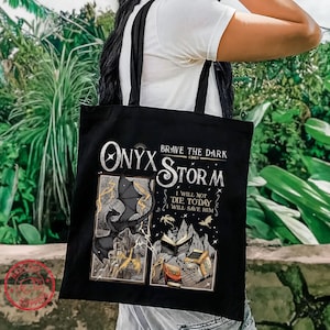 Onyx Storm Tote Bag, Brave The Dark Dragon Rider Bag, Fourth Wing Inspired Bookish Gift, Fantasy Dragon Book Tote For Reader Women Men