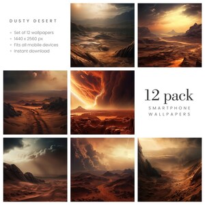 May include: A collection of 12 smartphone wallpapers featuring a dusty desert theme. The images showcase various landscapes with a warm color palette, including mountains, canyons, and dramatic skies. The text "DUSTY DESERT" and "12 pack" are visible.