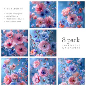 Pink Flowers. Set of 8 delicate wallpapers for smartphones.