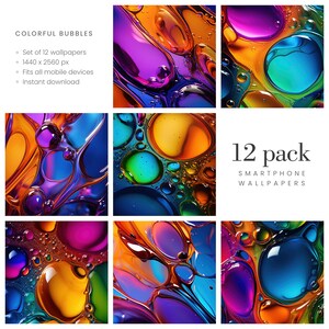 May include: A collection of 12 smartphone wallpapers featuring colorful, abstract bubble designs. The images showcase vibrant hues of orange, blue, purple, and green. The text "COLORFUL BUBBLES" and "12 pack SMARTPHONE WALLPAPERS" are also visible.
