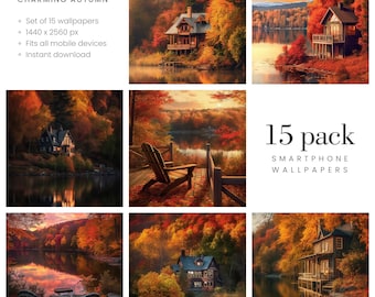 May include: A set of 15 autumn-themed smartphone wallpapers featuring scenic views of lakes, houses, and trees with vibrant red, orange, and yellow foliage. The text "15 pack SMARTPHONE WALLPAPERS" is displayed on the image.
