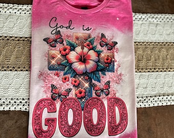 Hand-Bleached Christian Tee: God is Good, Floral Cross Sublimation Print