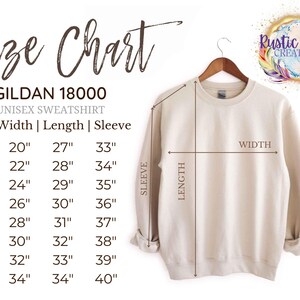 May include: Size chart for a Gildan 18000 unisex sweatshirt. The chart shows measurements in inches for width, length, and sleeve length for sizes S through 5XL.