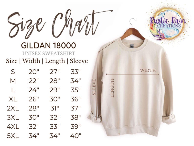 May include: Size chart for a Gildan 18000 unisex sweatshirt. The chart shows measurements in inches for width, length, and sleeve length for sizes S through 5XL.