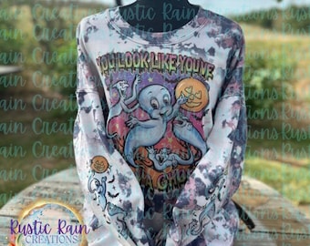 Friendly Ghost Halloween Sweatshirt | Spooky Cowhide Bleached Shirt | Fall Crewneck