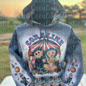 Spooky Circus Button Eyes Bleached Hoodie | Halloween Spooky Movie Coraline | Vintage Retro Funny Cartoon | Scary Doll Hoodie | Gildan