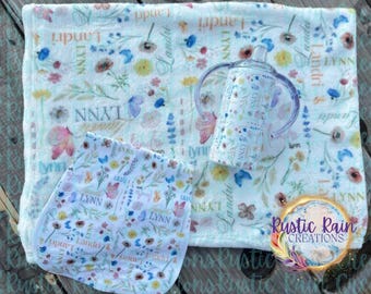 Personalized Baby Blanket With Matching Cup & Burp Cloth | Custom Baby Gifts