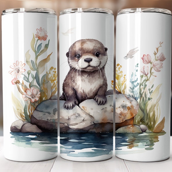 Otter Tumbler Wrap Design, 20 oz Skinny Sublimation, Watercolor Otter Otters Rock Floral Straight Tapered Tumbler Print PNG Digital Download