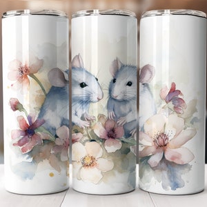 Rats Tumbler Wrap Design, 20 oz Skinny Sublimation, Watercolor Rats Rat Lover Floral Straight Tapered Tumbler Print PNG Digital Download
