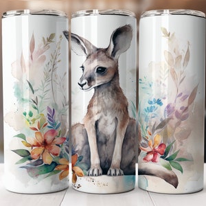 Baby Kangaroo 20 oz Skinny Tumbler Wrap Design, Sublimation, Watercolor Baby Kangaroo Floral Tumbler Print PNG Digital Download