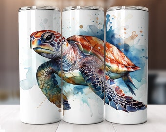 Watercolor Sea Turtle Tumbler PNG, 20oz Skinny Tumbler Design (Digital Download)