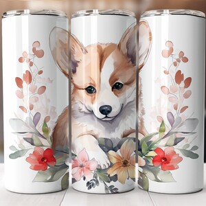 Corgi Pup 20 oz Skinny Tumbler Wrap Design, Sublimation, Corgi Dog Puppy Mom Floral Straight Tapered Tumbler Print PNG Digital Download