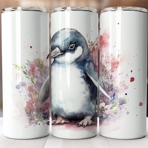 Penguin 20 oz Skinny Tumbler Wrap Design, Sublimation, Watercolor Penguin Floral Tumbler Straight Tapered Print PNG Digital Download