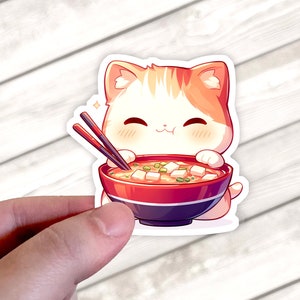 Cute Cat Eating Tofu Stew Glossy Laminated Waterproof Sticker for Laptop, Water Bottle, Cards, Gifts, Notebook. Cute, Funny, Animal, Food.