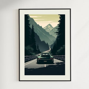 Porsche 911 Poster | Dezente grüne Berge | Moderne Kunst