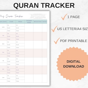 Quran Tracker Printable, Quran Journal, Quran Planner, Islamic Journal, Muslim Planner, Quran Reading Tracker, Islamic Study