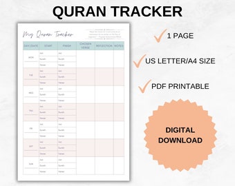 Quran Tracker Printable, Quran Journal, Quran Planner, Islamic Journal, Muslim Planner, Quran Reading Tracker, Islamic Study