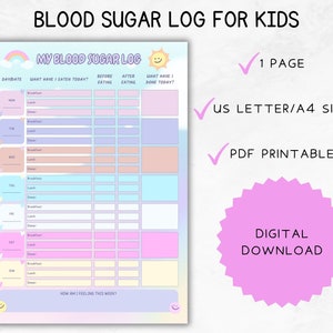 Blood Sugar Log For Kids Printable, Children Blood Sugar Tracker, Kids Diabetes Log, Glucose Log, Blood Sugar Chart