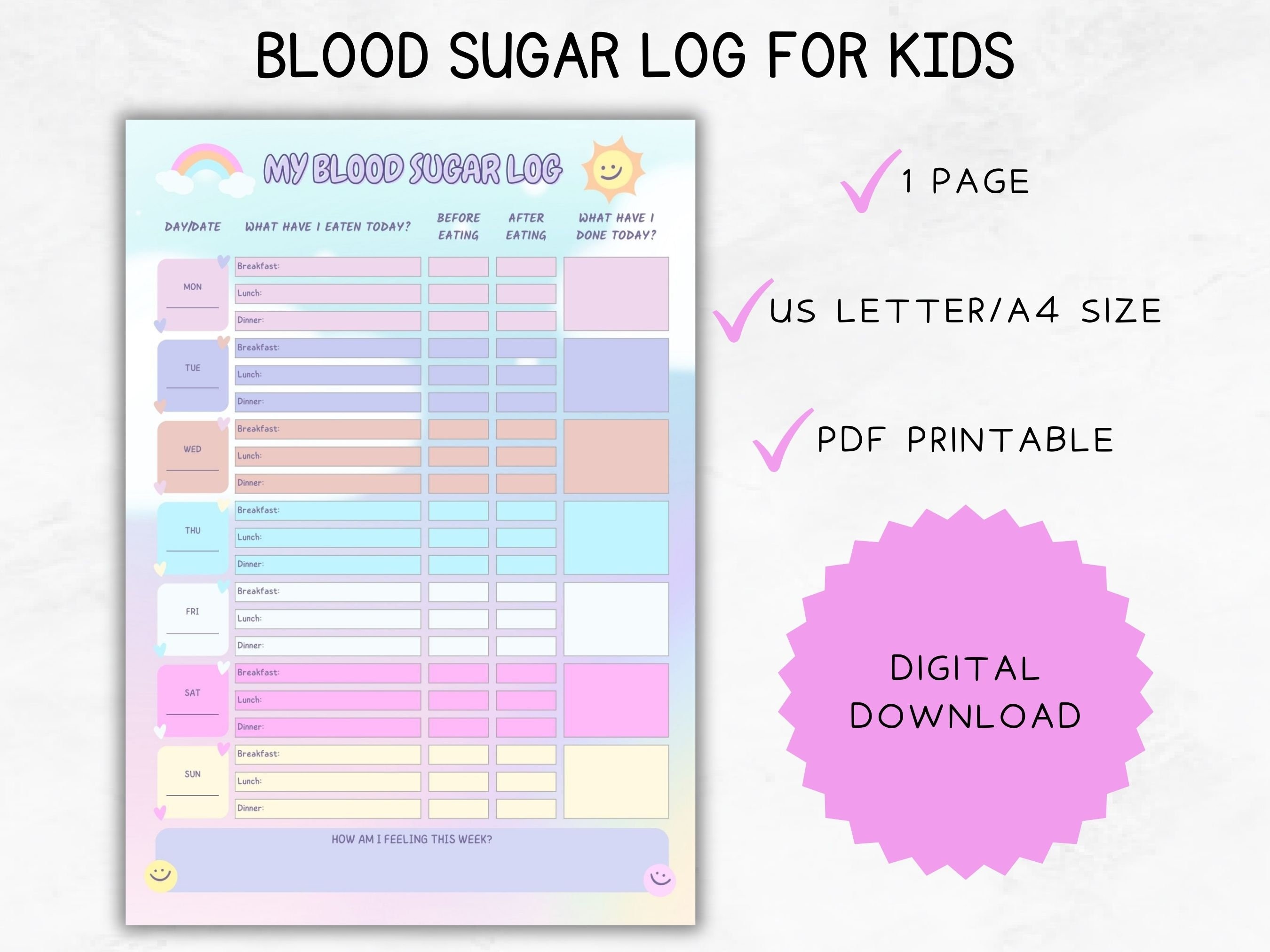 Blutzucker Log für Kinder druckbar, Kinder Blutzucker Tracker, Kinder Diabetes Log, Glukose Log, Blutzucker Chart