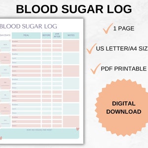 Blood Sugar Log Printable, Blood Sugar Tracker, Diabetes Log, Glucose Log, Blood Sugar Chart