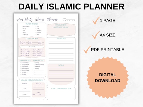 DAILY ISLAMIC PLANNER Printable Muslim Daily Planner Muslim Planner Islamic Daily Journal Muslim Journal Quran Tracker Salah Prayer Tracker
