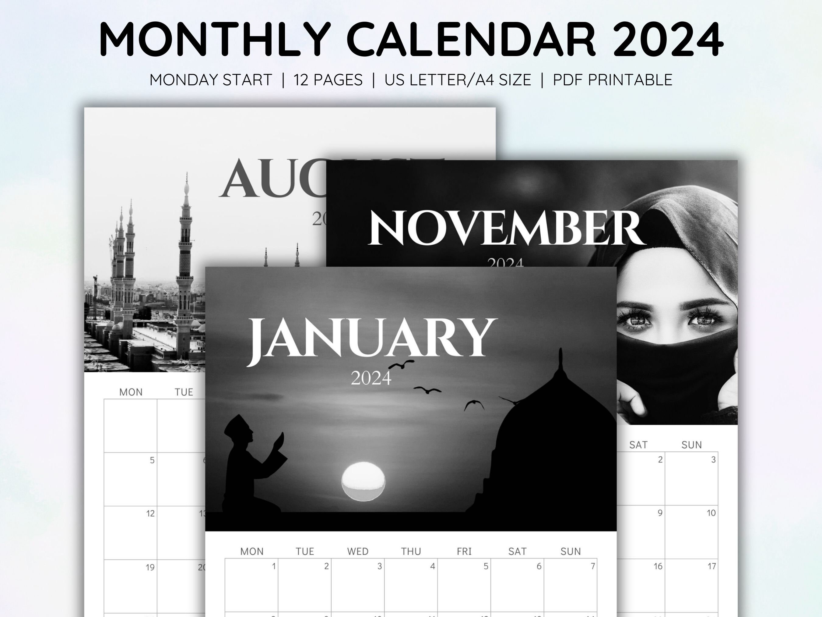 Monthly Calendar 2024 With Islamic Black and White Pictures, 2024
