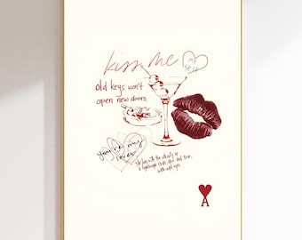 Kiss Me, Red Ace of Hearts Poster Digital, Trendy Retro Downloadable Print, Cool Dorm, Maximalist Apartment Aesthetic