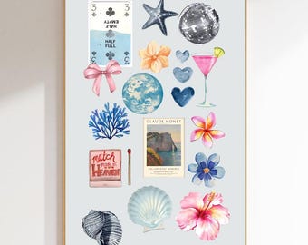 Pastel Glass Half Full Collage Digital Print With Real Starfish, Disco Ball, Flower, Martini Glass, Claude Monet, Hearts Matchbox, Seashells
