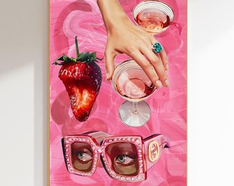 Luxury Marble Collage Digital Art Print, Maximalist Wall Art, Sunglasses, Strawberry, Cocktail, Pop Art, Printable