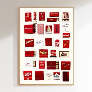 Rote Streichholzschachtel Sammlung Digitaldruck, Vintage Poster, Trendy, Retro Wandkunst, Funky Rote Wohnung Ästhetik, Sofortiger Digital Download