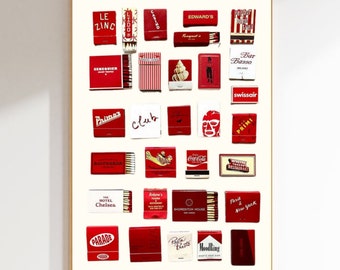 Red Matchbox Collection Digital Print, Vintage Posters, Trendy, Retro Wall Art, Funky Red Apartment Aesthetic, Instant Digital Download