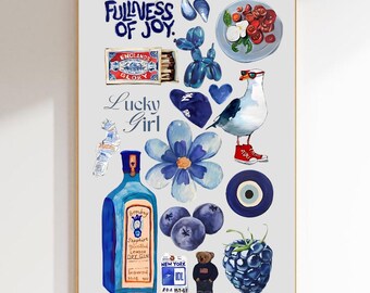 Blue Fullness Of Joy, Digital Print, Dog Balloon, Food, Matchbox, Lucky Girl, Yankees Hat, Pigeons, Bombay, Teddy Bear, Blueberry, Evil Eye