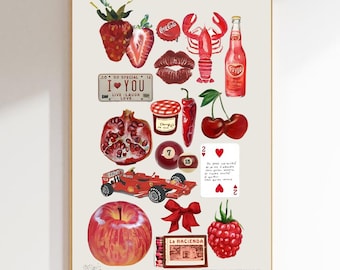 I Love You Digital Print With Strawberry, Coca-Cola, Lobster, Kiss, Cherry, Jam, Hot Pepper, Racecar, Cue Ball, Two Of Hearts, Bow, Matchbox