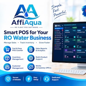 Può includere: Un monitor di computer che mostra il software AffiAqua RO Plant POS con un'interfaccia scura, riquadri di vendita, inventario e strumenti di gestione clienti. Lo schermo include testo come Smart POS for Your RO Water Business e Completely Offline.