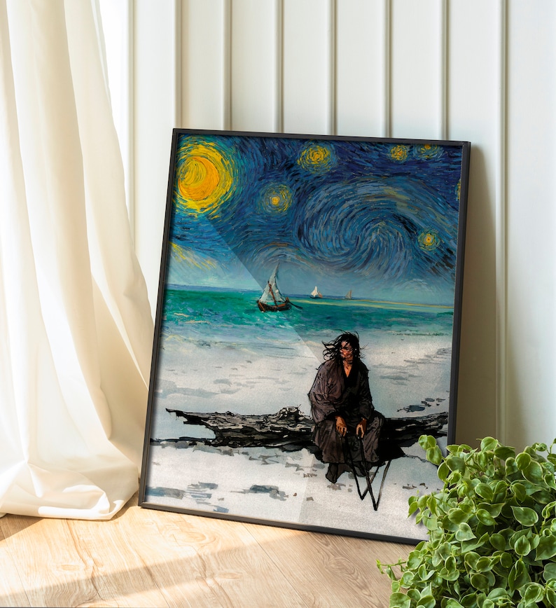 Vagabond poster, Miyamoto Musashi, colored Manga Poster, Digital 4K Wall Print, Manga Van Gogh Style Painting, Japanese Wall Art image 1