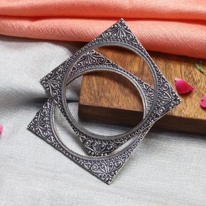 Bairavi: Square Kadha Bangle (Set of 2)/ Silver Oxidised Indian Jewelry/ Handmade Antique Jewelry/ Hand Bracelets/ Unique Gifts for Her