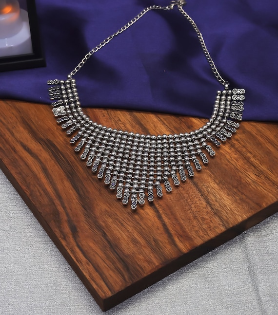 Manika: Silver Choker Necklace, Coin Necklace, Oxidised Jewellery