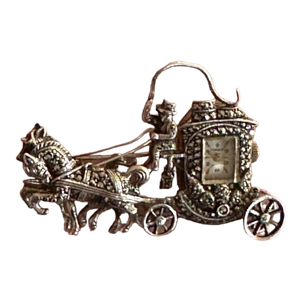 Vintage Marcasite "Horse Drawn Coach" Watch Brooch .... Gorgeous With Lantern still attached.