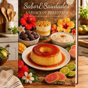 Può includere: Un libro di cucina intitolato "Sabor & Saudades" con ricette di dessert brasiliani. La copertina mostra vari dessert, tra cui un flan, mousse alla frutta della passione e budino di riso, circondati da fiori e frutta. Il titolo del libro è in un carattere decorativo.