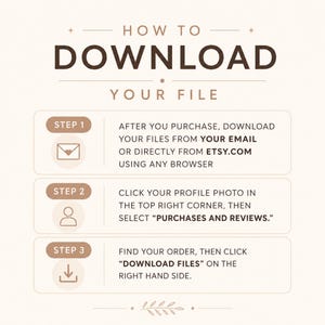 Peut inclure: Un graphique d'instructions intitul&eacute; HOW TO DOWNLOAD YOUR FILE avec trois &eacute;tapes. &Eacute;tape 1 : T&eacute;l&eacute;chargez les fichiers depuis votre e-mail ou Etsy.com. &Eacute;tape 2 : Cliquez sur votre photo de profil et s&eacute;lectionnez PURCHASES AND REVIEWS. &Eacute;tape 3 : Cliquez sur DOWNLOAD FILES.