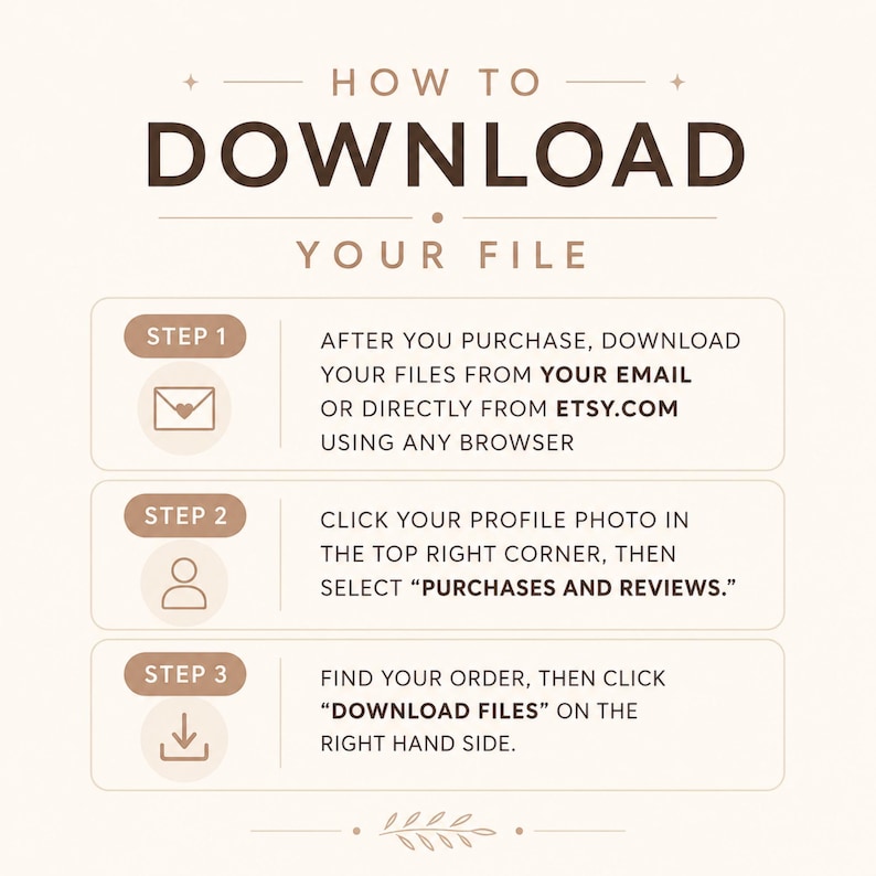 Peut inclure: Un graphique d'instructions intitul&eacute; HOW TO DOWNLOAD YOUR FILE avec trois &eacute;tapes. &Eacute;tape 1 : T&eacute;l&eacute;chargez les fichiers depuis votre e-mail ou Etsy.com. &Eacute;tape 2 : Cliquez sur votre photo de profil et s&eacute;lectionnez PURCHASES AND REVIEWS. &Eacute;tape 3 : Cliquez sur DOWNLOAD FILES.