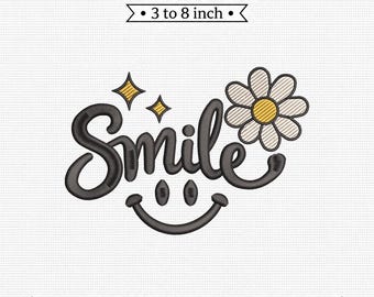 Smile Typography Daisy Flower Retro Smiley Face PES DST JEF Machine Embroidery File
