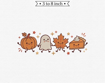 May include: An embroidery design featuring four cute characters holding hands: an orange pumpkin, a white ghost, a brown maple leaf, and a slice of pumpkin pie. Text reads 9 SIZES 3 to 8 inch and file formats EMB, DST, CND, EXP, HUS, JEF, PES, VP3, XXX.