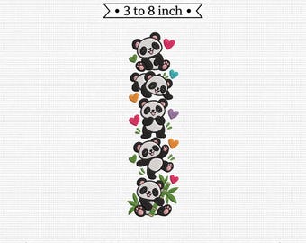 Five Playful Pandas Stack Bamboo Hearts Zoo Animal PES DST JEF Machine Embroidery File