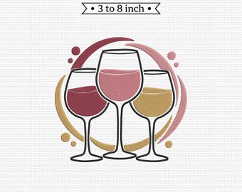 Trio of Wine Glasses Red White Rosé PES DST JEF Machine Embroidery File