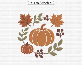 Autumn Pumpkin Wreath Fall Leaves Berries PES DST JEF Machine Embroidery File