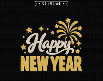 Happy New Year Fireworks Gold Script PES DST JEF Machine Embroidery File
