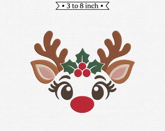 Festive Reindeer Face Holly Berries Christmas Holiday PES DST JEF Machine Embroidery File