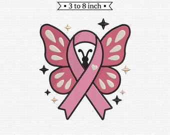 Breast Cancer Awareness Ribbon Butterfly Pink PES DST JEF Machine Embroidery File